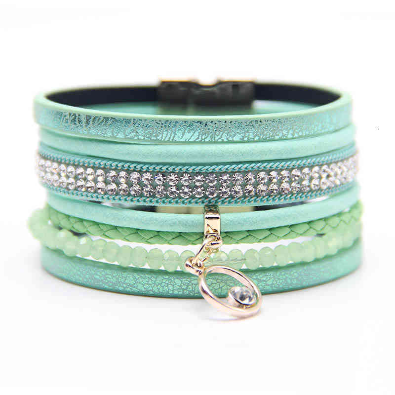 Bangle Charm Bracelets 2021 Multi Layer Color Leather Rope Zircon Women's Alloy Magnet Buckle Tassel Jewelry