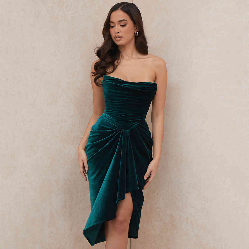 Ladies Strapless Sexy Party Dresses For Important Occasions Green Draped Tube Top Velvet Dress 210525