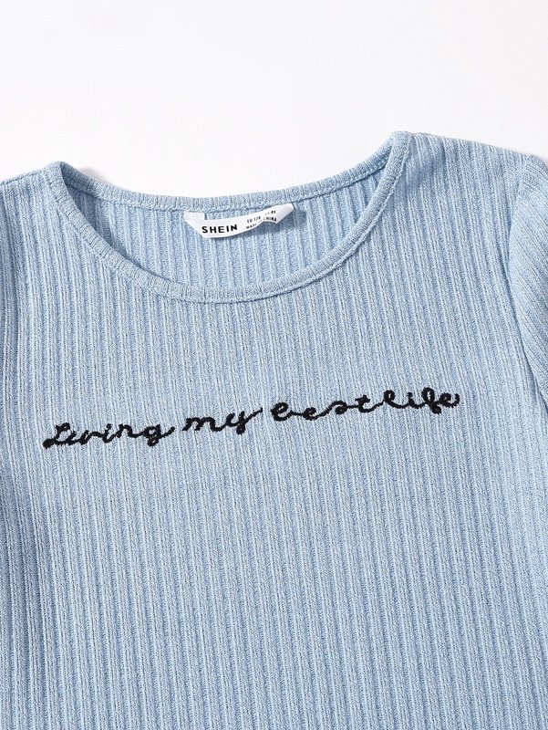 Girls Lettuce Trim Embroidery Letter Rib-knit Dress SHE