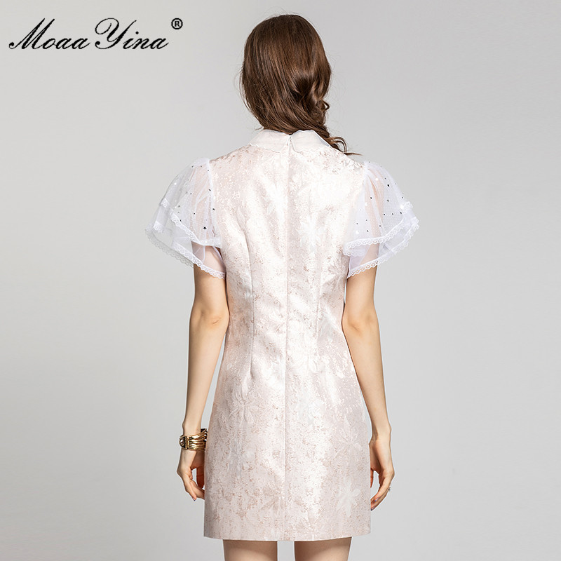 Summer Short Jacquard Dresses Women Runway Vintage Floral print Butterfly Sleeve Splice Elegant Party Mini Dress 210524
