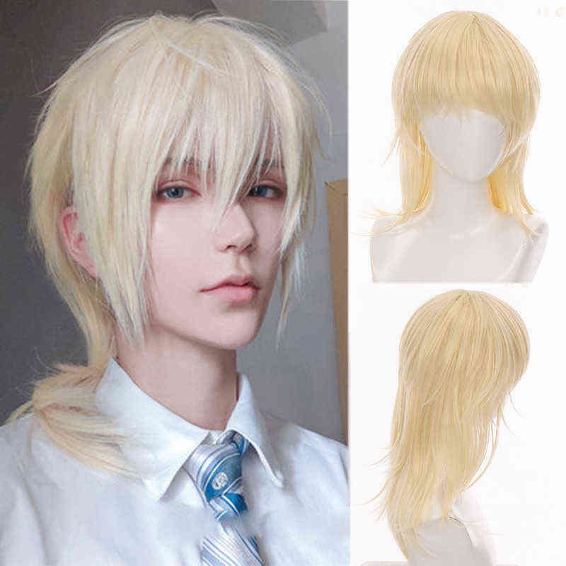 Hairpiece Ailiade Short Curly Cosplay Men Boy Party Light Yellow Synthetic Heat Resistant Hair Wigs Men's Breathable Wig 0121