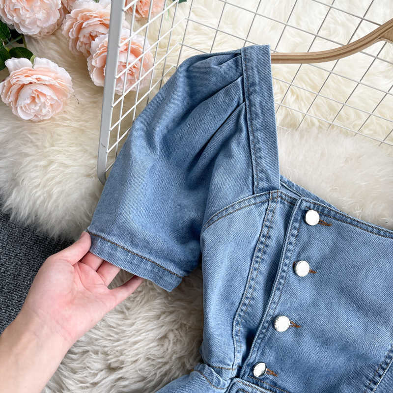 DEAT Women Hollow Out Square Collar Single Breasted Denim Dress Short Sleeve High Waist Fashion Spring Summer 11B595 210709