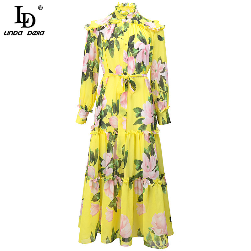 Summer Fashion Runway Vintage Midi Dress Women Long sleeve Elegant Bow Belt Flower Print Chiffon Vestdios 210522