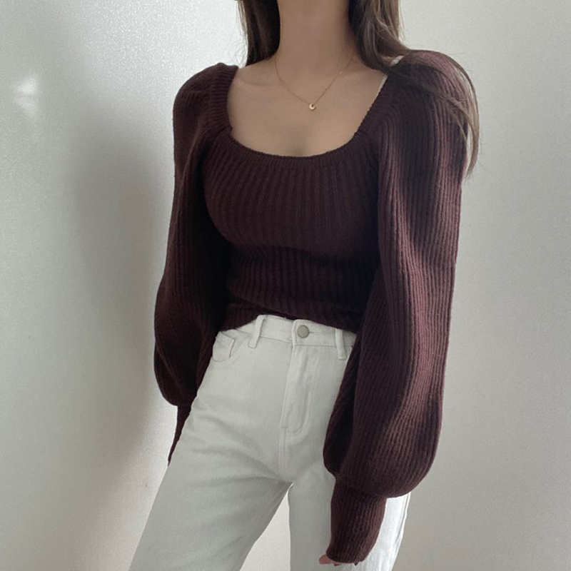 Nomikuma Korea Chic Autumn Winter Women Sweater Square Collar Puff Long Sleeve Causal Knitted Pullover New Pull Femme 6C870 210427