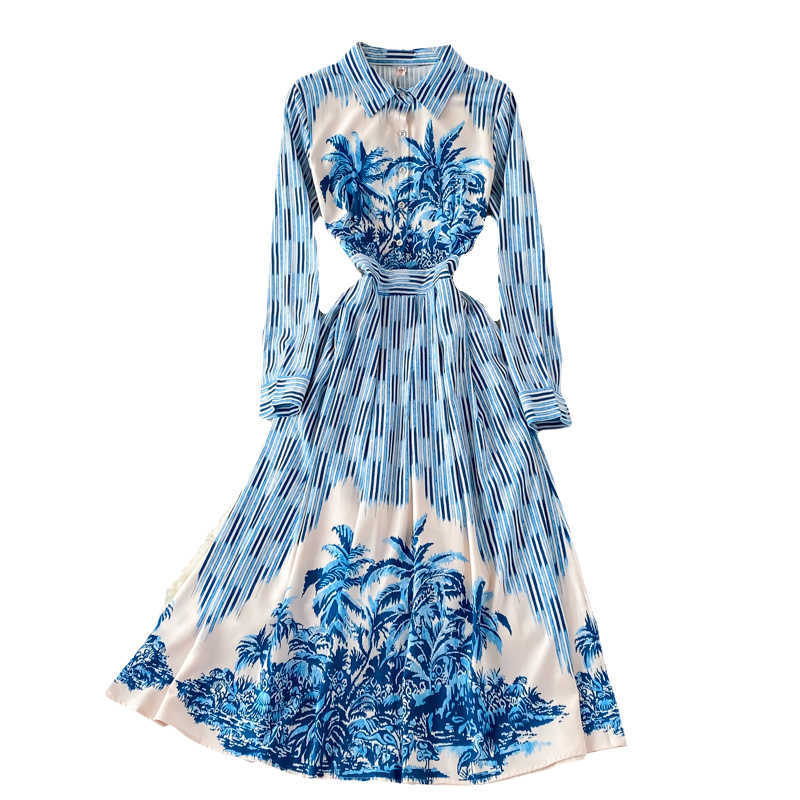 DEAT Women Printing Striped Dress Lapel Long Sleeve Arrivals Lady Temperament Fashion Spring Autumn 11D1642 210709