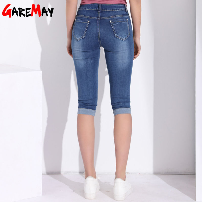 Plus Size Skinny Capris Jeans Woman Female Stretch Knee Length Denim Shorts Pants Women With High Waist Summer 210428