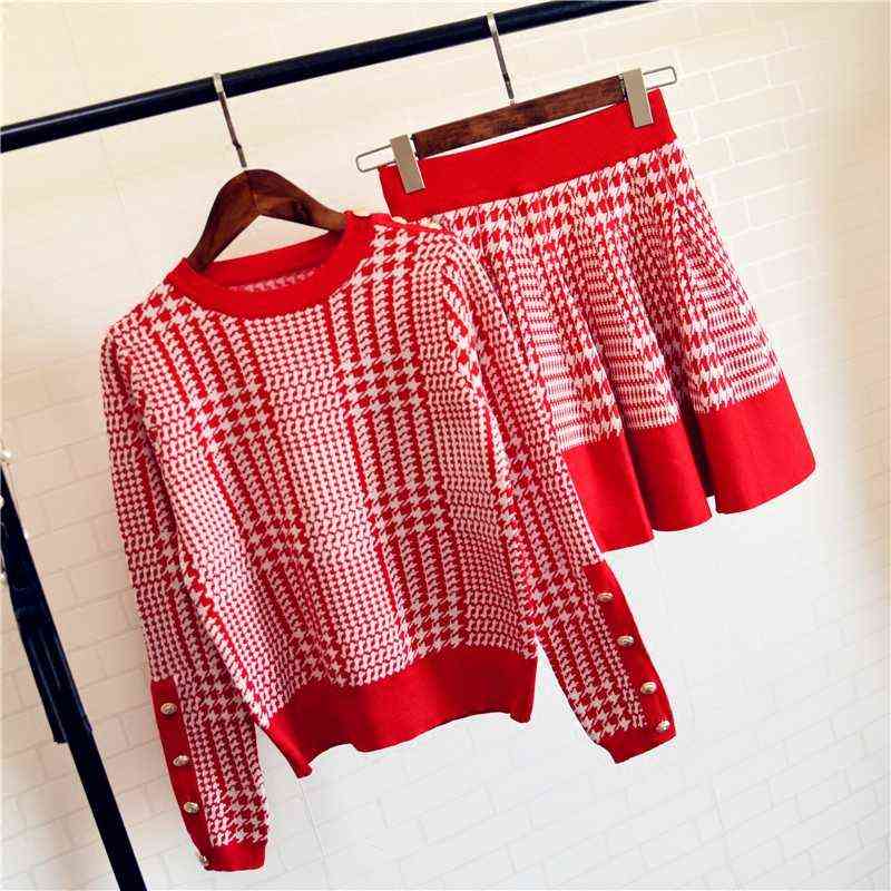 Autumn Winter Plaid Sweater Skirt Suit Women 2 Piece Set Long Sleeve O Neck Button Knitted Crop And A Line 211106