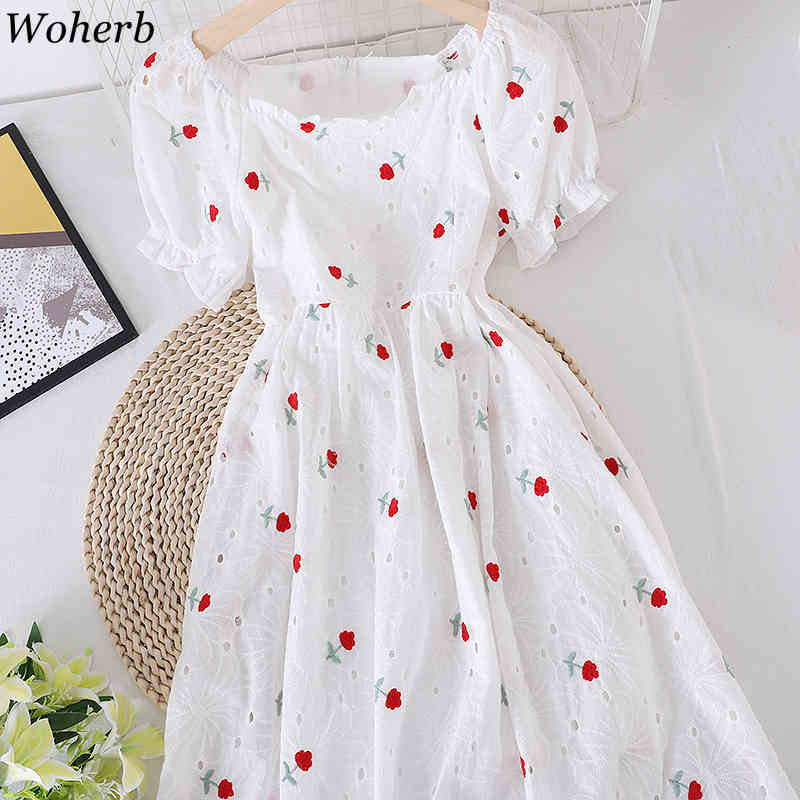 Elegant Embroidery Dress Women Summer Slim Temperament Square Collar Vestidos High Waist Sweet Short Sleeve Dresses 210519