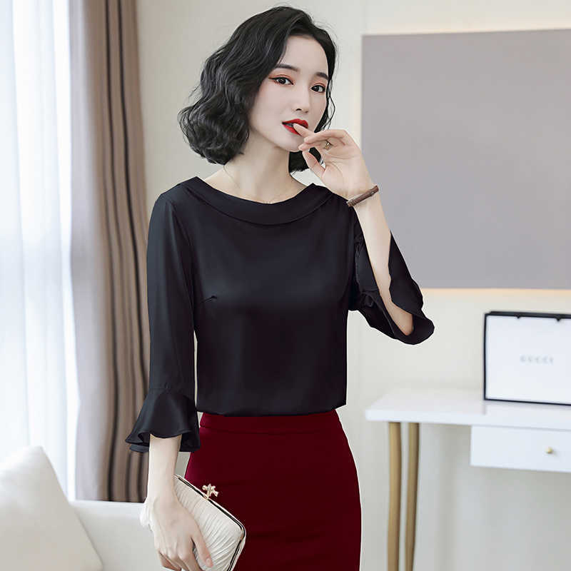 Korean Silk Women Blouses Shirt Satin Flare Sleeve Blouse Tops Plus Size Blusas Mujer De Moda 210531