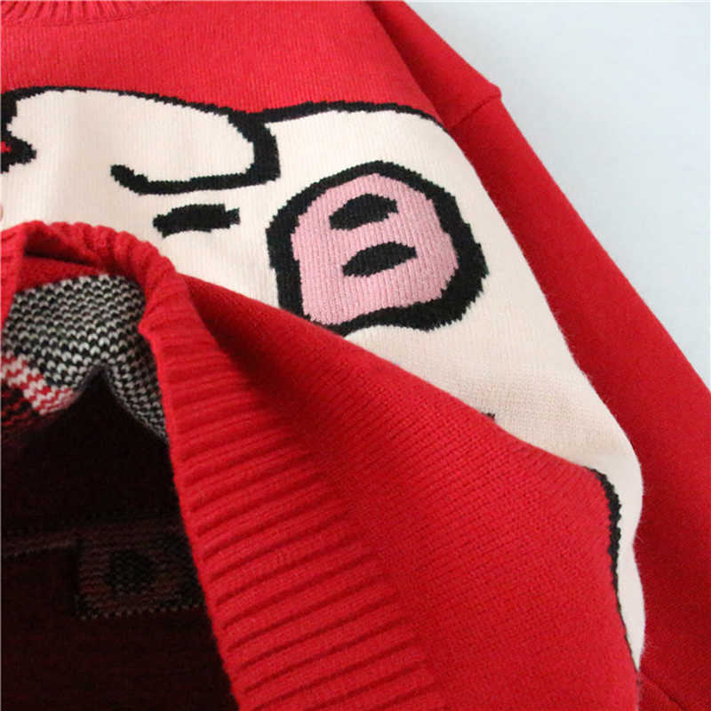 Spring Autumn Women Pullover Sweaters O Neck Cartoon Pig Pretty Vintage Japan Style Ladies Knitwear Jumper Tops C-068 210812
