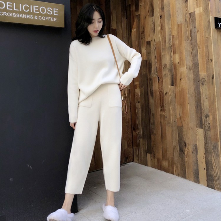 Knitted 2 pieces Set Tracksuits Women Autumn Winter Thick Warm O-neck Loose Sweater+Ankle-Length Pants Cashmere Suit 210519