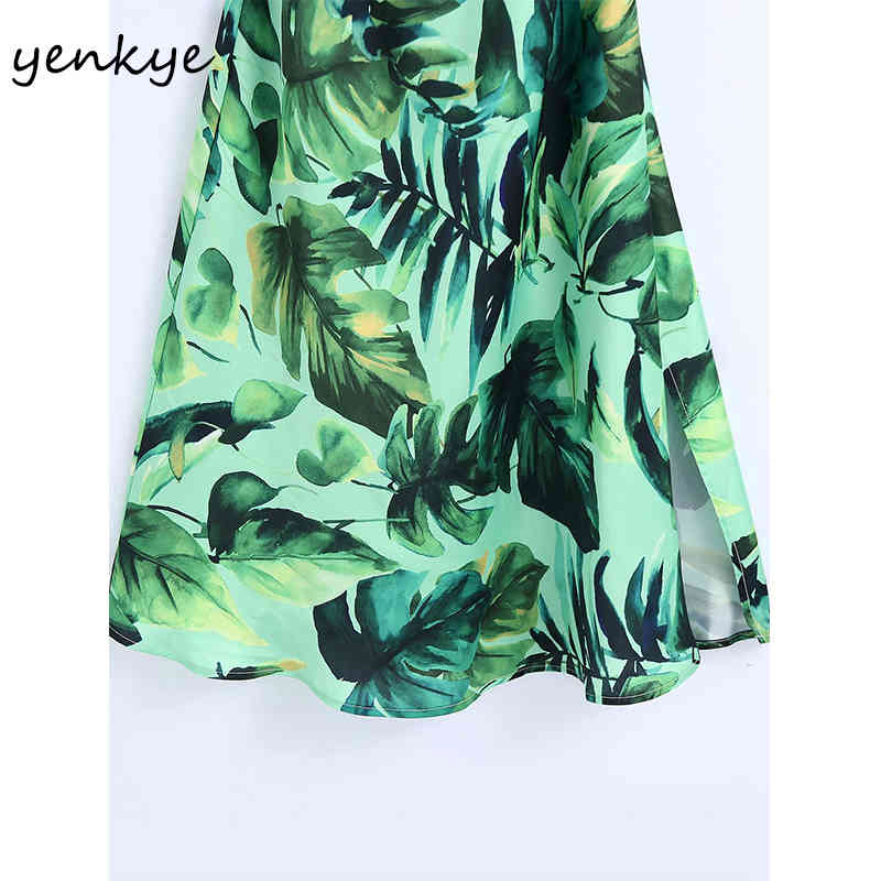 Summer Women Green Tropical Print Sling Long Dress Female Sleeveless Side Slits Sundress Sexy Vestido 210430