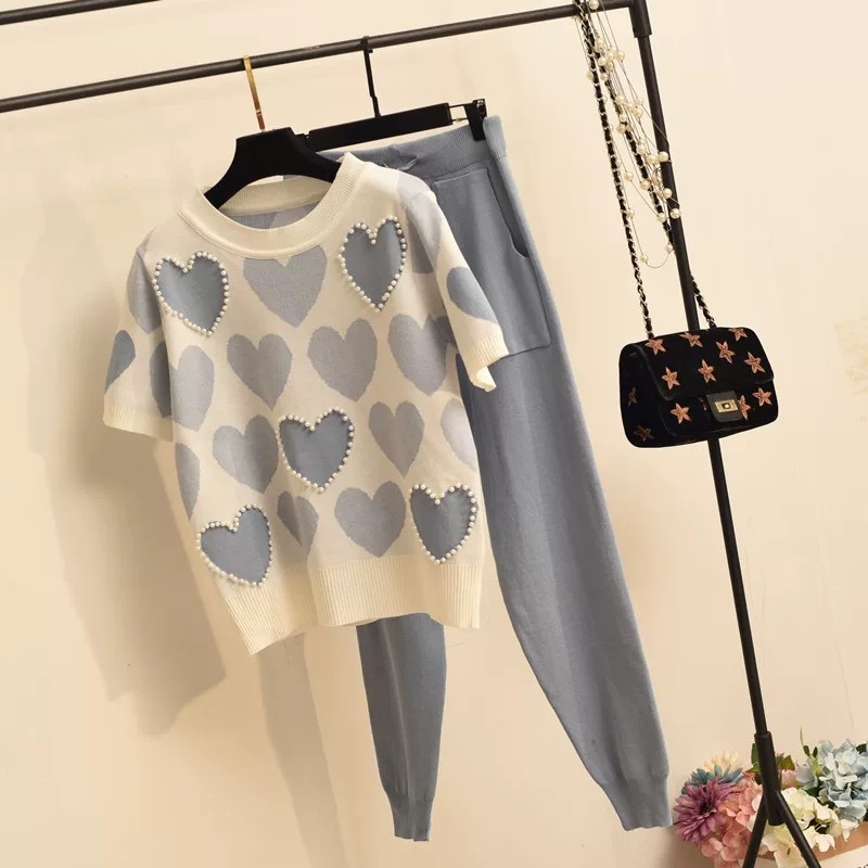 arrival Beaded Heart Shape Short-sleeved Sweater + Elastic waist Pants Women Sweet 2pcs Suit Ladies Summer Clothing Set 210519