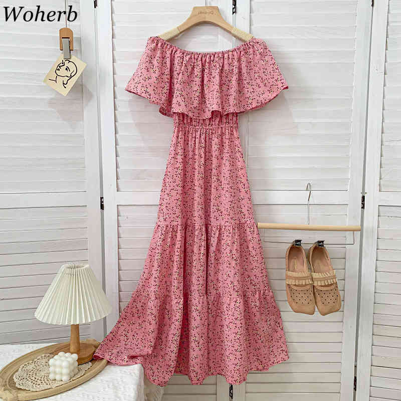 Women Beach Pleated Dress Summer Korean Sexy Off Shoulder Vintage Dresses Ladies Elegant Floral Print Long Robe Vestidos 210519