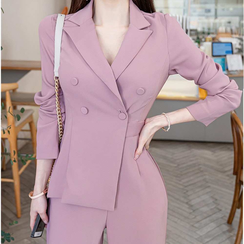 Fashion Women's Wide leg Jumpsuit Rompers Womens Double breasted Pink Women office Long sleeve Playsuits 210520