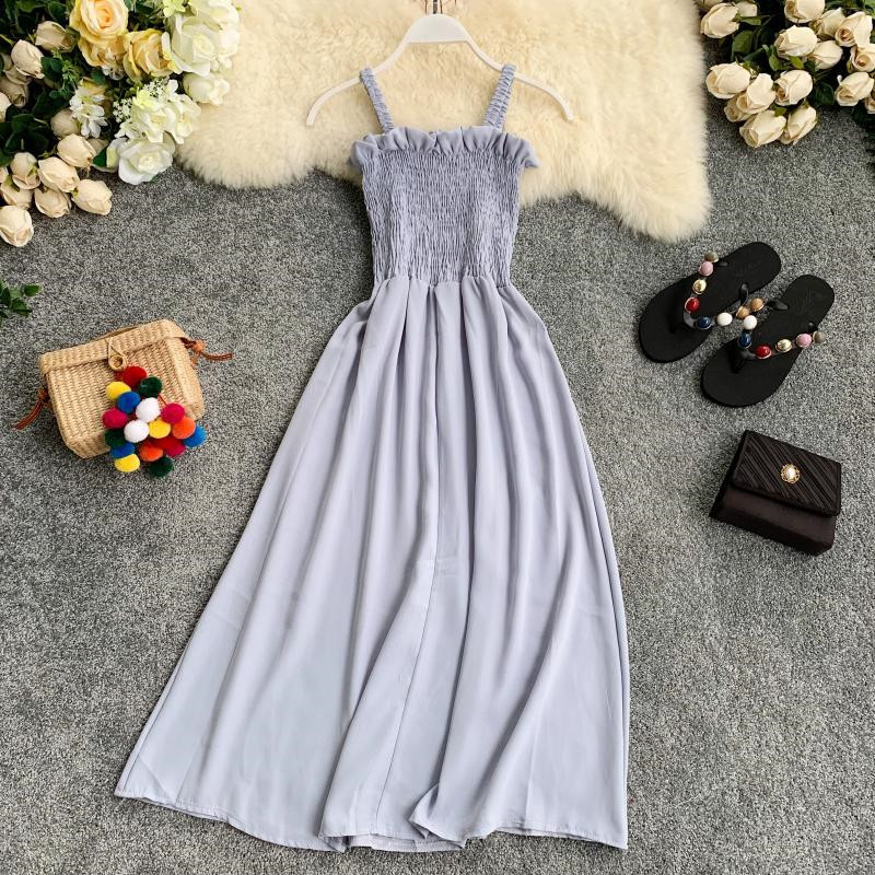 Chic Korean Solid Women Dress Sleeveless Summer A-line Chiffon Long Dresses Beach Style Button Vestidos 210521
