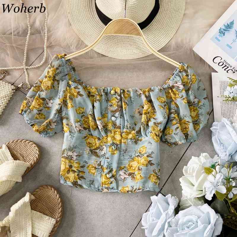 Chiffon Sweet Floral Print Shirt Puff Sleeve Short Temperament Slim Blouse Women Square Collar Bow Buttons Blouses25781 210519