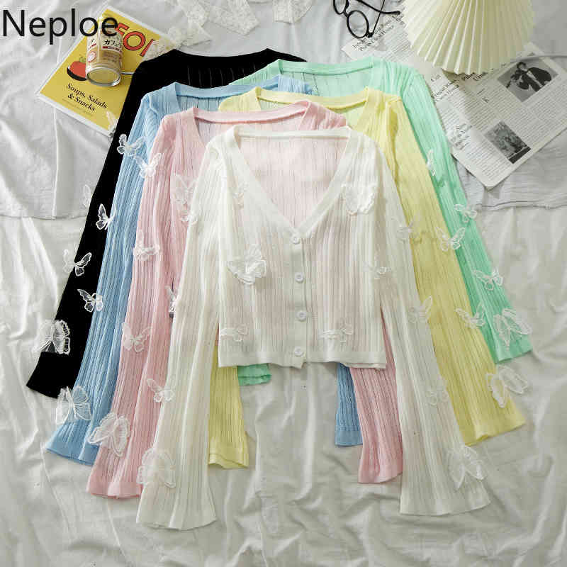 Neploe Knitted Thin Sweater Women Korean 3D Butterfly V-neck Flared Sleeve Cardigan Sun Protection Slim Fit Cropped Tops 4I613 210422