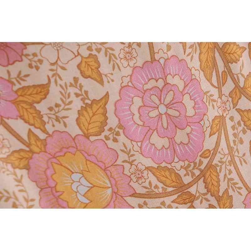 Spring Bohemia Open Buttons V neck Orange Flower Print Dress BOHO Woman Spliced Ruched Pleated Hem Holiday Dresses Beach 210429