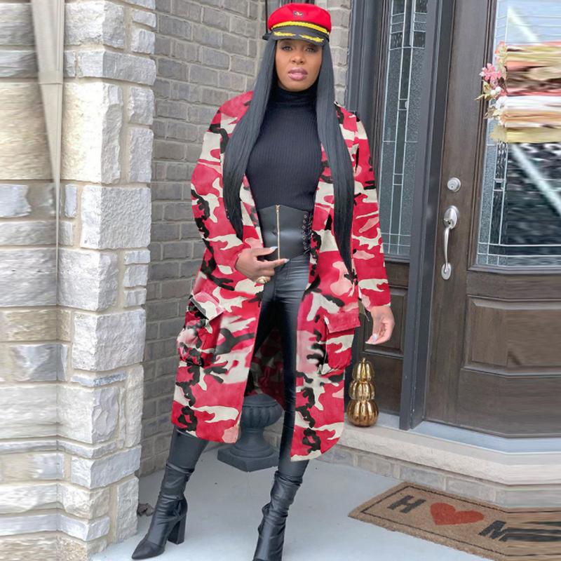 Women's Trench Coats Autumn 2022 Coat Camo Long Female Armygreen Print Outwear Clothing Woman Sleeve Abrigo Mujer B5