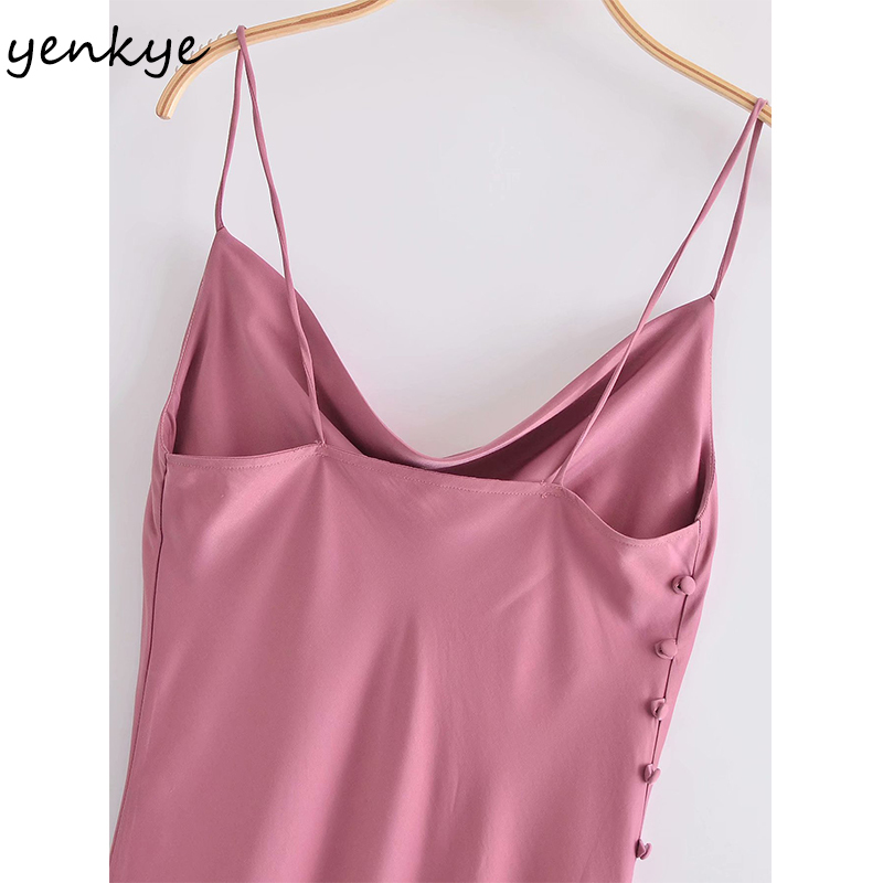 Summer Sexy Sling Dress Women Solid Color Satin Side Button Slits Long Female Night Out Vestido 210430