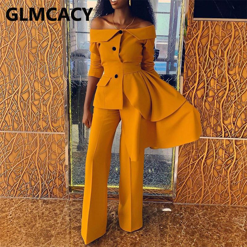 Two Piece Elegant Work Suits Off Shoulder Blazer Top & Regular Pants Set Women's