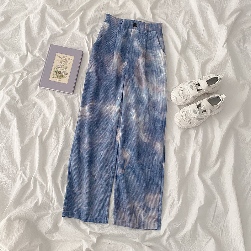 Nomikuma Corduroy Causal Women Pants Korean Tie Dye Printed Long Trousers Spring Autumn New Wide Leg Pants Mujer 6E101 210427