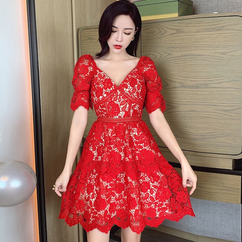 High quality Self portrait Summer Runway Water Soluble Lace Hollow Out Dress Women Puff Sleeve Cake Mini 210519