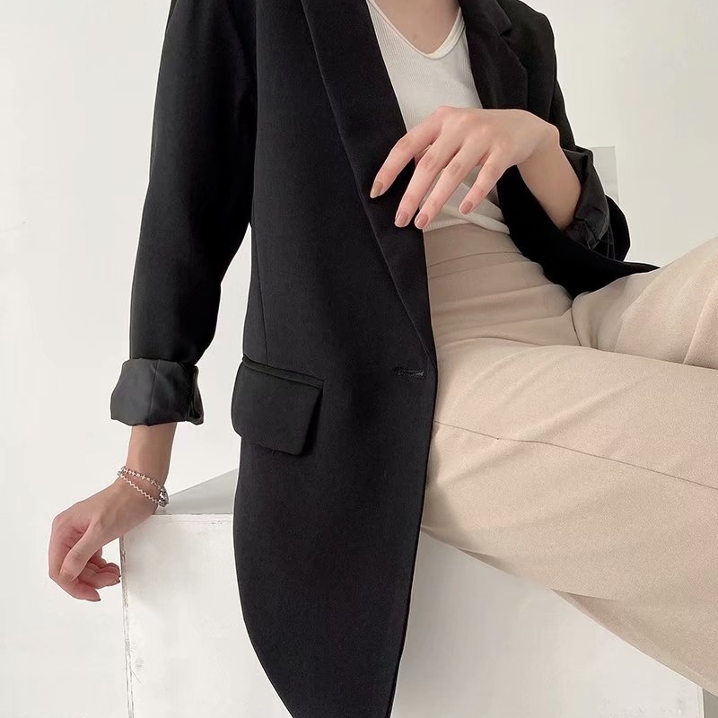elegant women solid black blazer jackets fashion ladies office full sleeve suits vintage female pocket 210430
