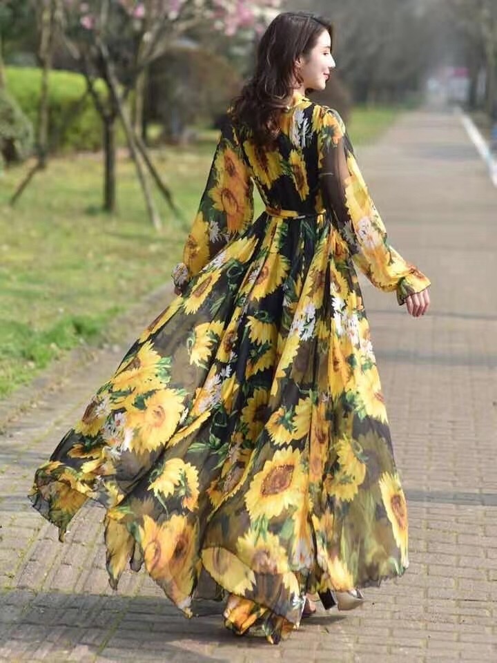 summer maxi dress sun flower printed chiffon loose plus size long party lacr up bow collar beach es vestidos 210421