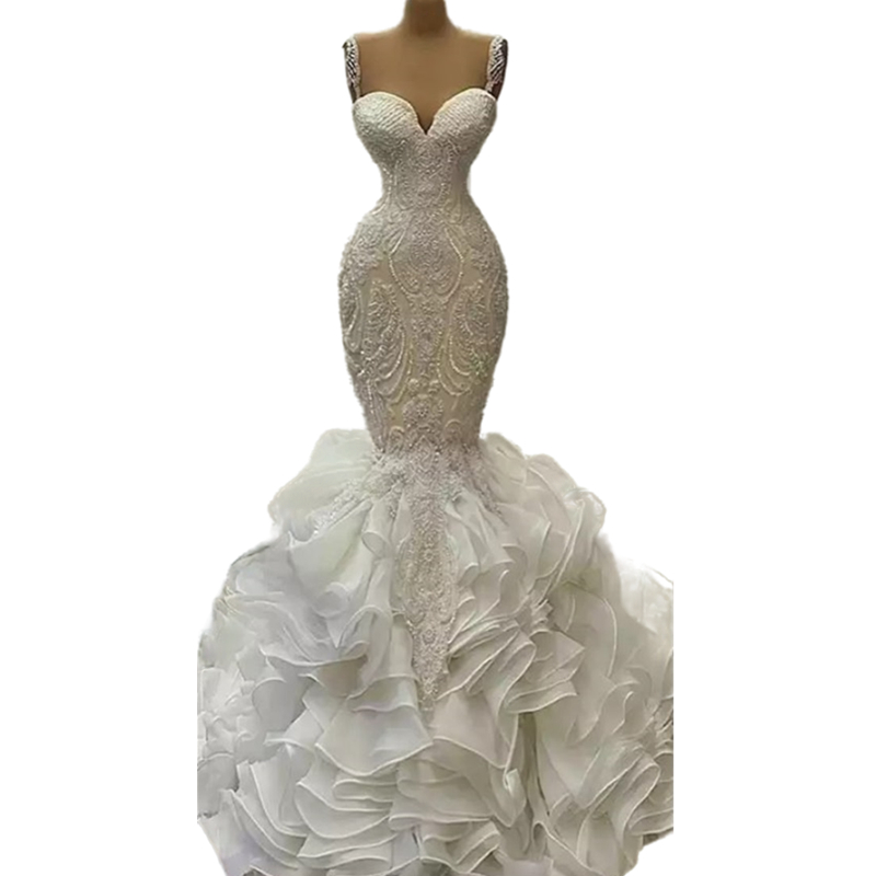 Luxury Crystals Beaded Mermaid Wedding Dresses Tiered Ruffles Skirt Cathedral Length Long Train Trumpet Lace Wedding Gowns Straps Sweetheart Bridal Dr