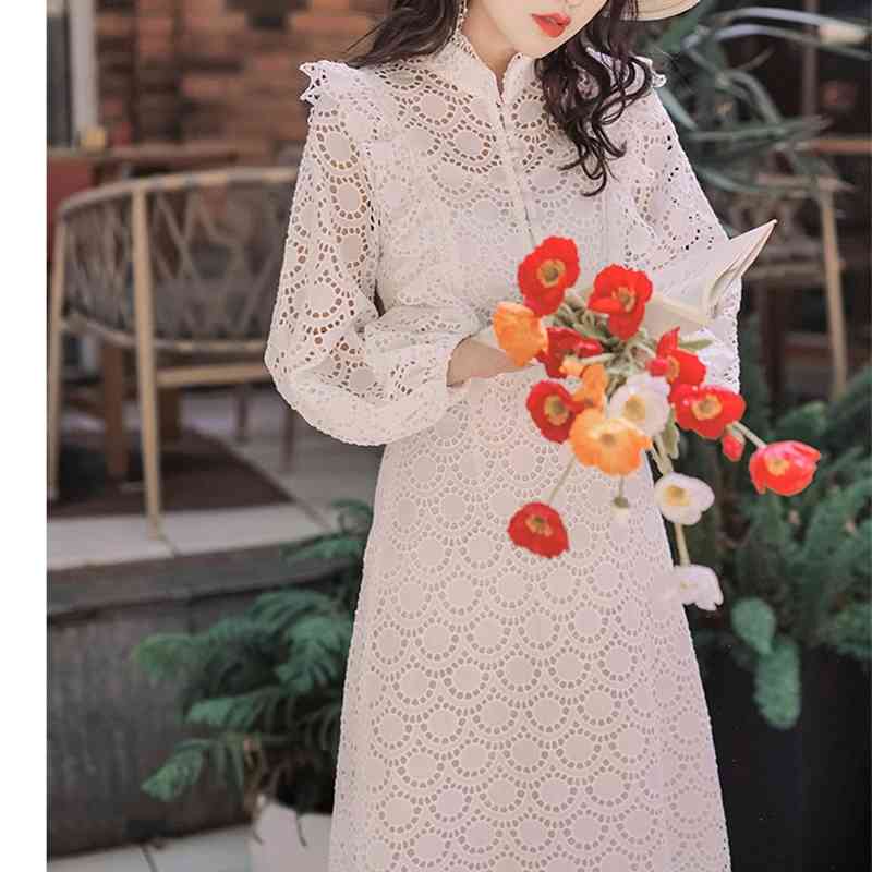 Autumn And Winter White Women Lace Dress Long Sleeves Stand Collar Chic Ruffle Runway Vestidos 210520