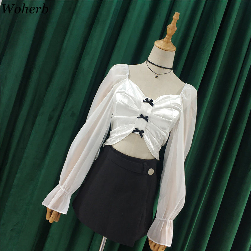 Blouse Women See Through Puff Sleeve Crop Tops Korean Fashion Chiffon Blusas Mujer Sexy Lady Pleated Blouses 95388 210519