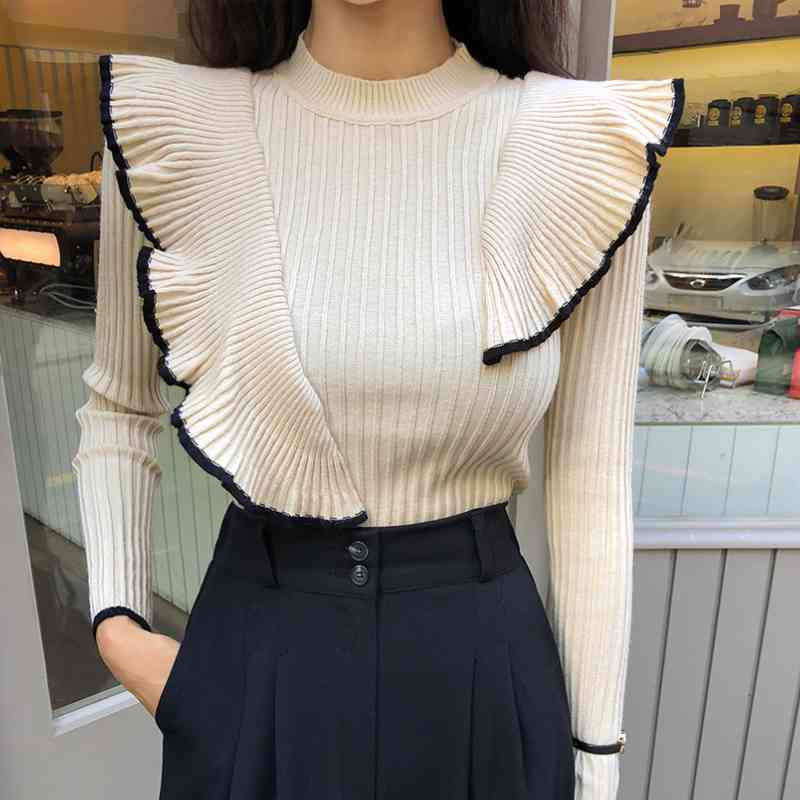 Autumn fashion Hit Color Ruffled Stitching Women's Pullover Sweater All-match Lotus Leaf Edge Female Knitwear Tops 210518