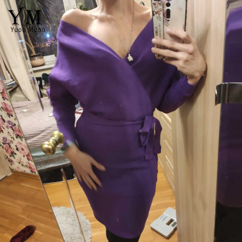YuooMuoo Autumn Winter Women Knitted Sweater Dress Korean Long Batwing Sleeve V Neck Elegant Dress Ladies Bandage Dress 210630