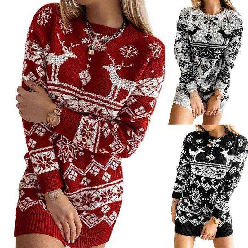 Christmas Knitted Dress Pullover Temperament Elk Snowflake Print Round Collar Long Sleeve Sweatshirt Coats Women Short Skirt New Y1110, Red
Christmas Knitted Dress Pullover Temperament Elk Snowflake Print Round Collar Long Sleeve Sweatshirt Coats Women Short Skirt New Y1110, Red