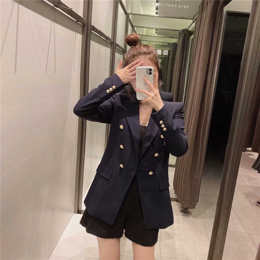Style Women's Metal Button Casual Solid Double Breasted Full Suit Jacket Blazer Women 210615