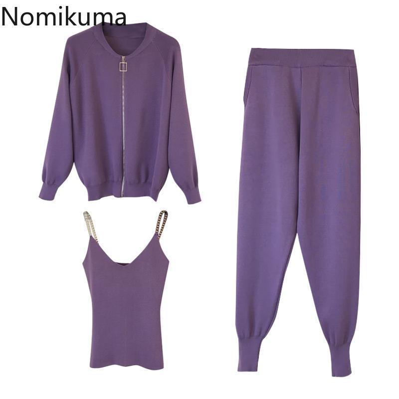 Nomikuma Autumn New Knitted 3pieces Sets Zipper Long Sleeve Sweater Coat + Chain Sling Vest + High Waist Harem Pants 6C115 210427