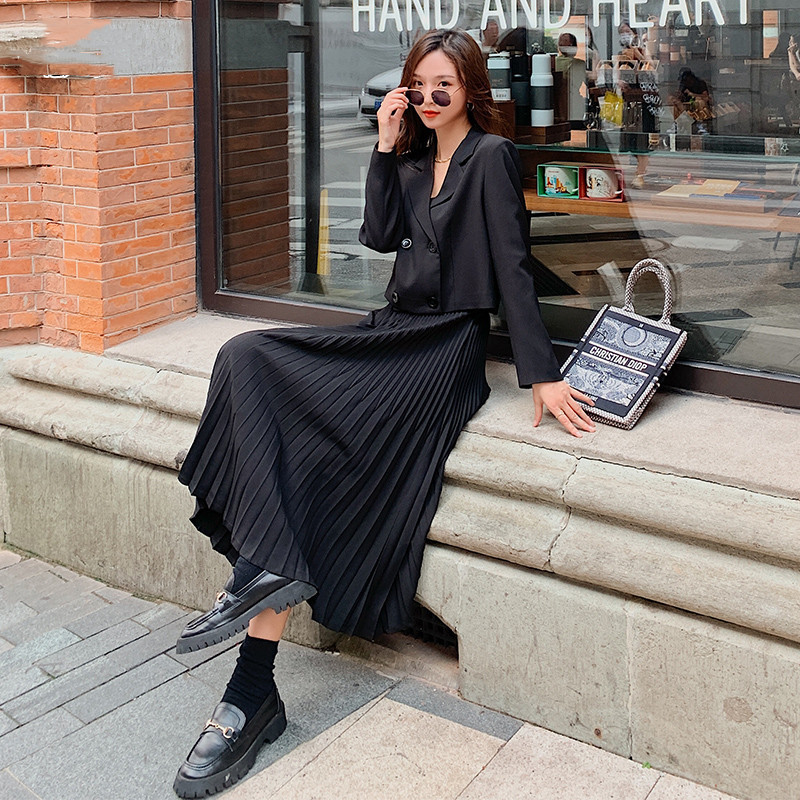 Skirt Sets Korean Chic OL Two Piece Women Crop Top Casual Blazer Coat Pleated Long Suits Female 2 210510