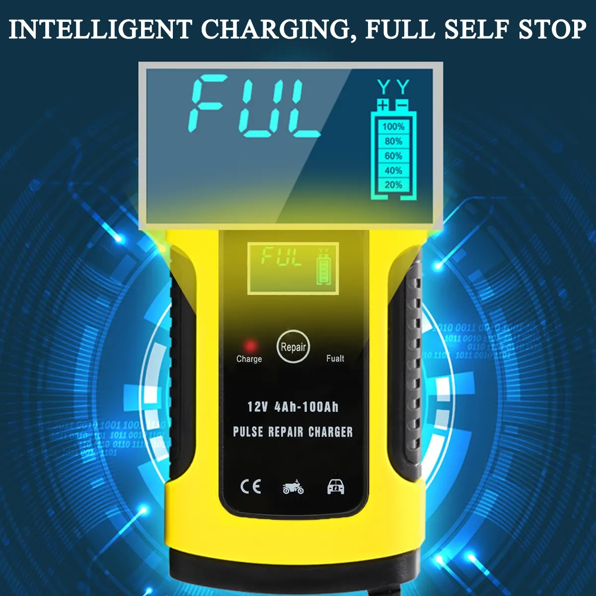 12V 6A Pulse Repair LCD Charger For Car Motorcycle Lead Acid Battery Agm Gel Wet