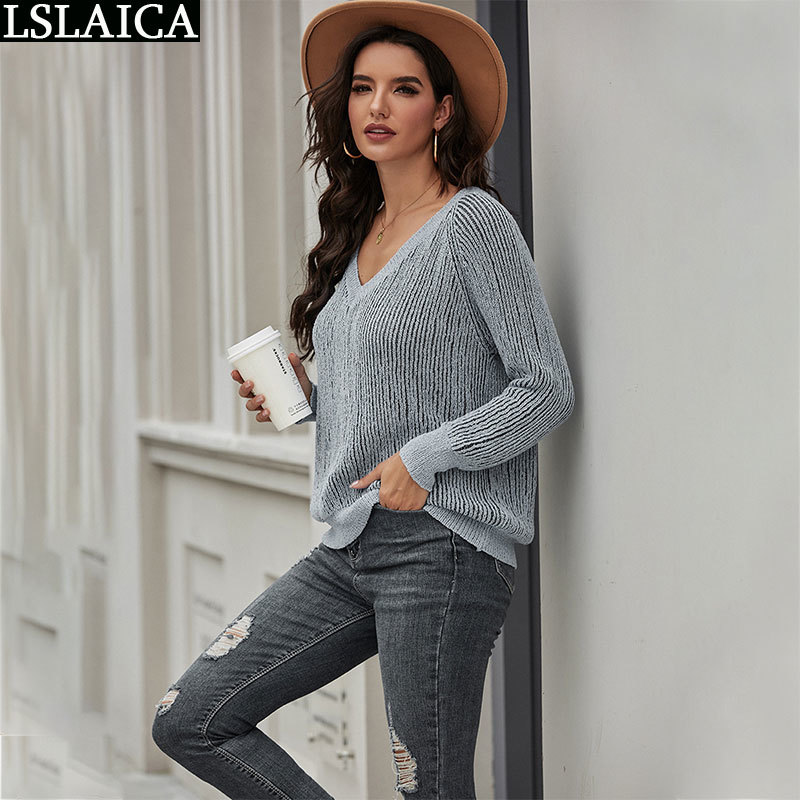 Solid V-Neck Woman Sweaters Long Sleeve Bottoming Streetwear Sweater Office Homewear Women Pullover Autumn Winter Knitwear 210520