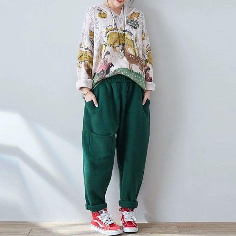 Autumn Winter Korea Fashion Women Elastic Waist Loose Pants Thicken Warm Casual Harem Femme Trausers Plus Size V120 210512