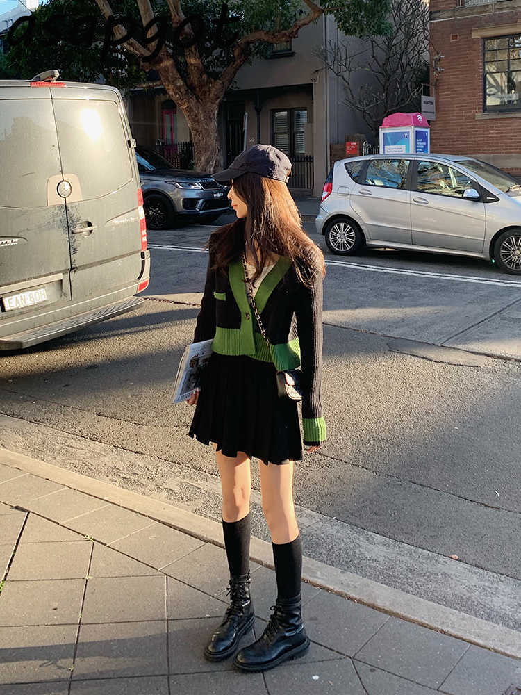 Sweaters&Jumpers Thin V Neck One Button Short Cardigan Long Sleeve Tops Wild Casual Knitted Jacket Contrast Retro Chic 211011Z