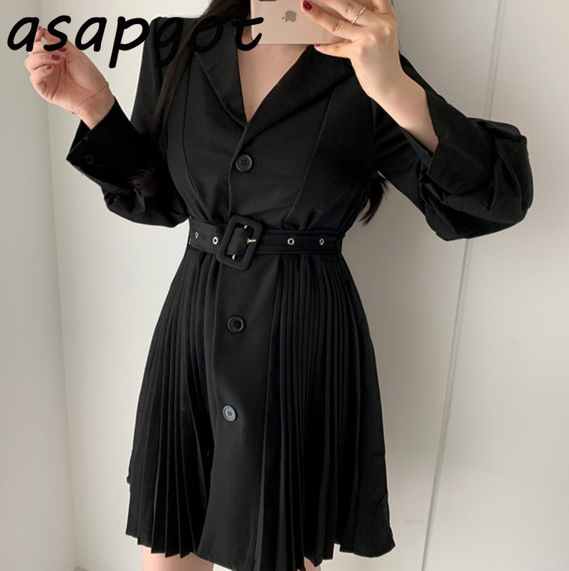 Chic Korean Retro Notched Single-breasted Pleated Dress Women Slim Waist Patchwork Bandage Suit Solid Casual Elegant Fall 210429