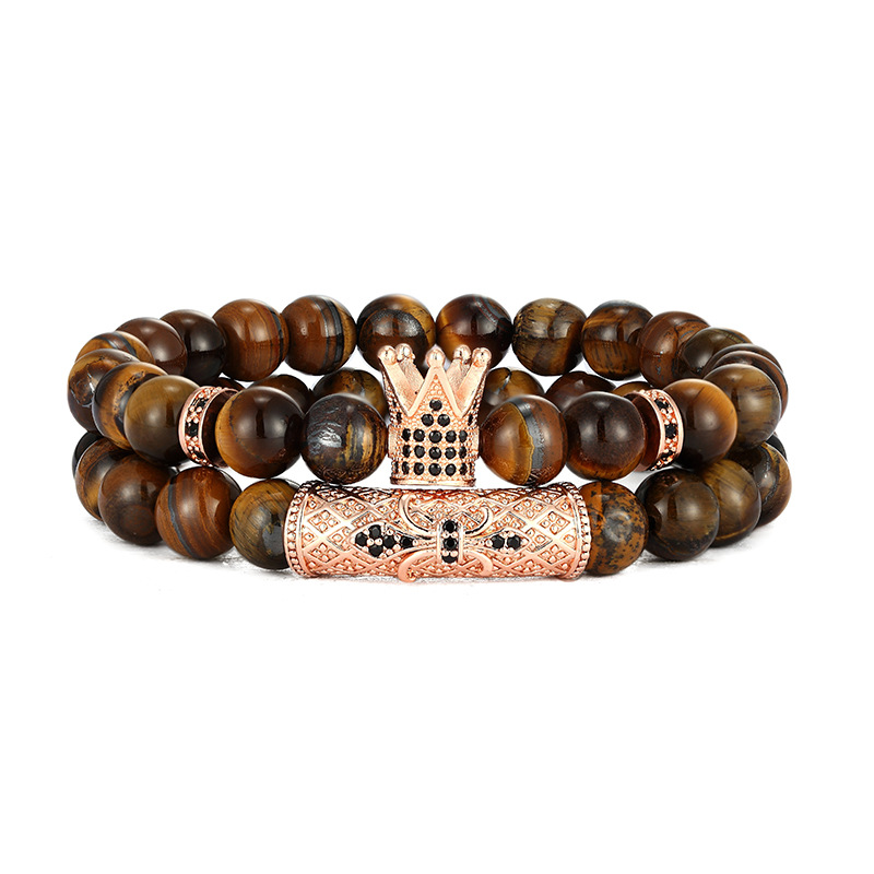 High Quality Tiger Eye Beads Strands Bracelets CZ Copper Tube Crown Charm Bracelet 2PCS/Set