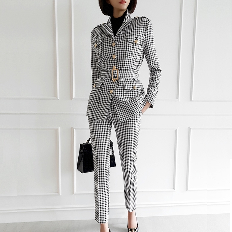 High Quality Autumn Winter Woman Houndstooth Sets Two Piece Outfits Matching Pants Casual Single-Breasted Office Waist Suit 210520