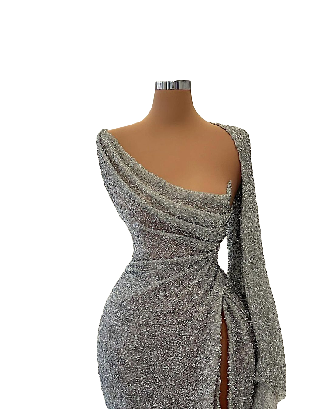 Silver Sequined Mermaid Evening Dresses Sexy One Shoulder Pleats Prom Gowns Ruffles High Side Split Party Robe de mariée Custom Made