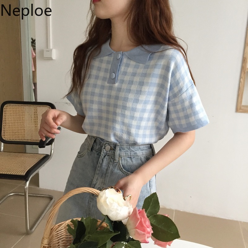 Neploe Plaid Summer Knitted T Shirts Women Kawaii Cute Tops Short Sleeve Tshirt Shirt Korean Vintage Graphic Tee Woman Clothes 210422