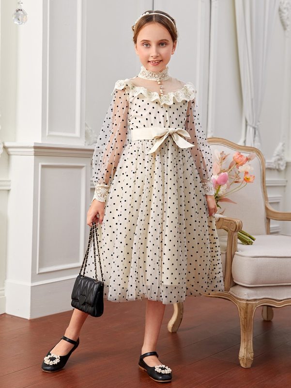 Girls Dobby Mesh Lace Ruffle Trim Belted Dress SHE