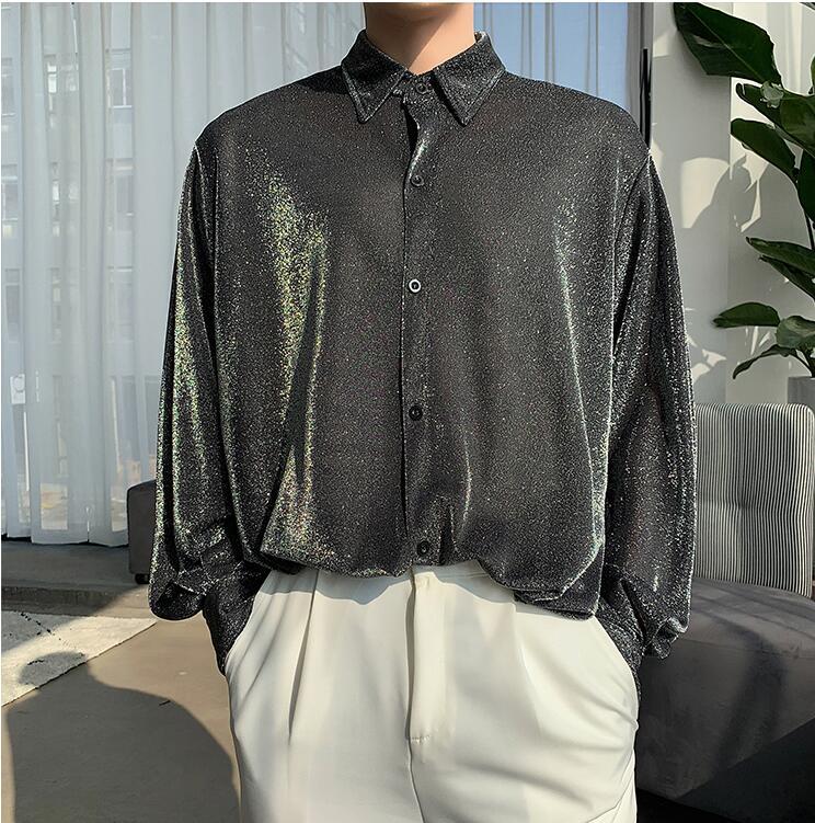 M-XL!Spring Designer Custom Silver Fabric Drape Loose Elegant Shirt Tide Brand Men's Chic Long-sleeved Shirt. Casual Shirts
